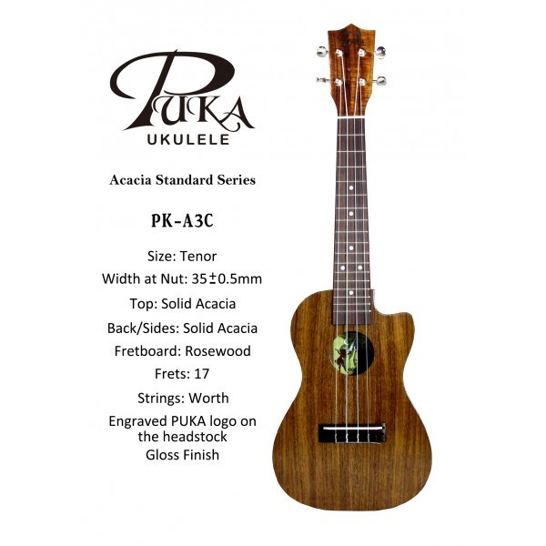 【台灣烏克麗麗 專門店】PUKA UKULELE 全單板相思木系列 PK-A3C 26吋 (附琴袋+調音器+教材)