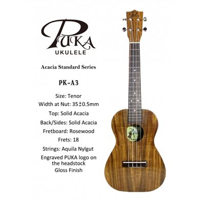 【台灣烏克麗麗 專門店】PUKA UKULELE 全單板相思木系列 PK-A3 26吋 (附琴袋+調音器+教材)